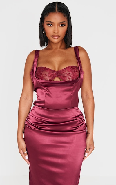 Shape Burgundy Lace Insert Cowl Neck Satin Corset Top