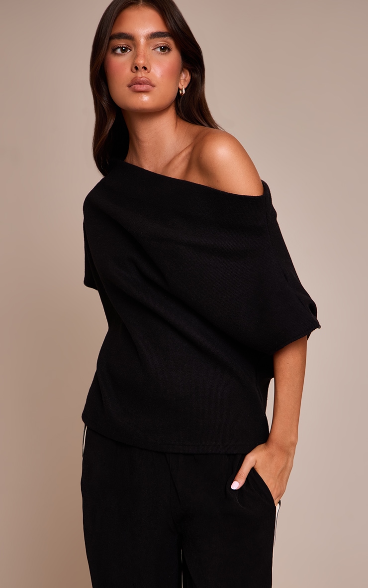 Black Heavy Brushed Rib One Shoulder Slouchy Top image 1