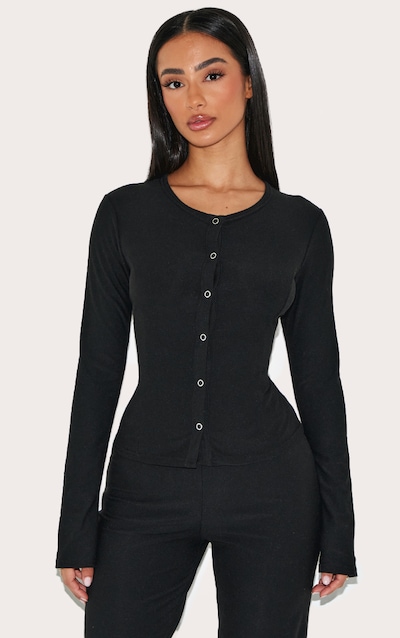 Petite Black Soft Touch Popper Long Sleeve Long Top