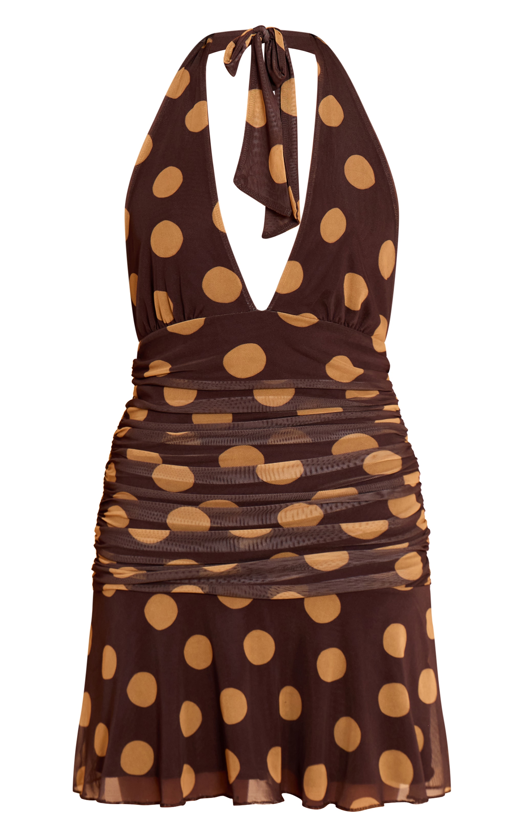 Brown Contrast Polka Dot Halterneck Mini Dress image 5