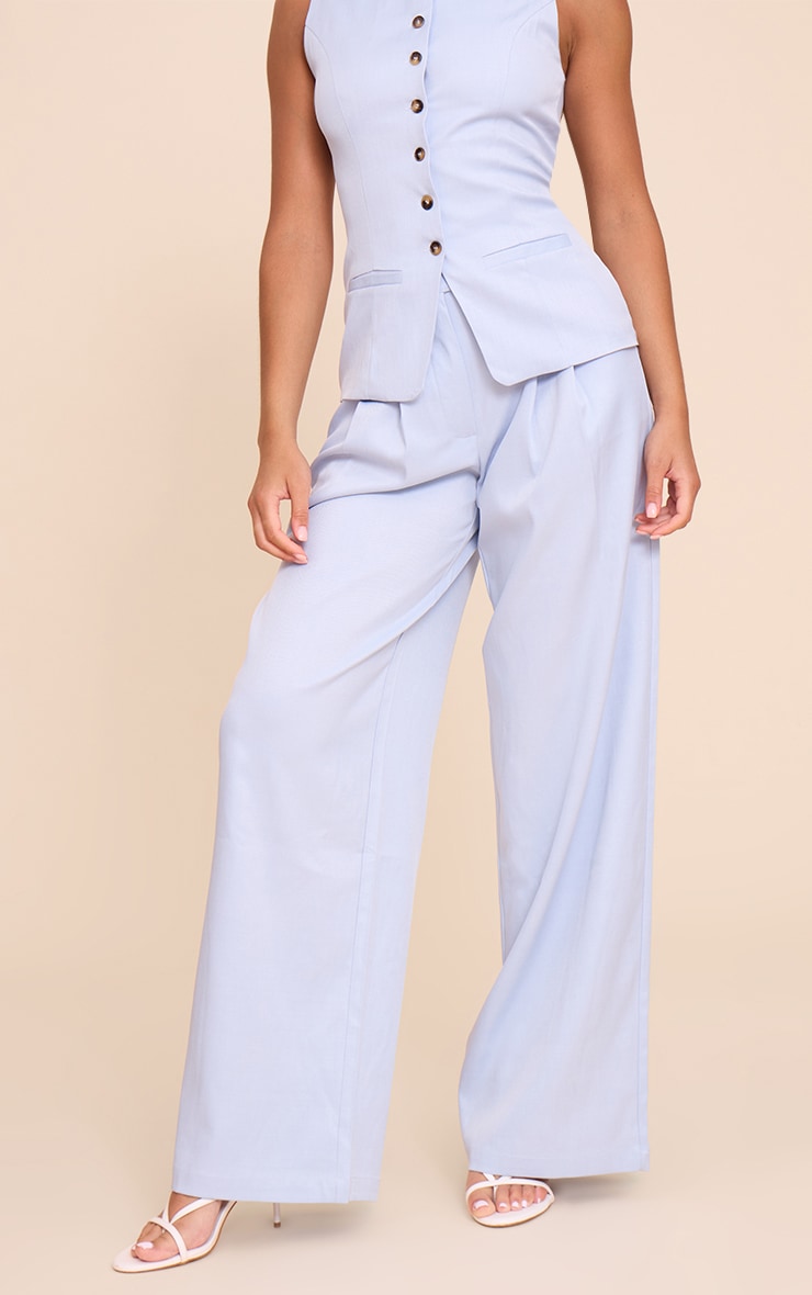 Powder Blue Tailored Woven Pleated Wide Leg Pants image 2