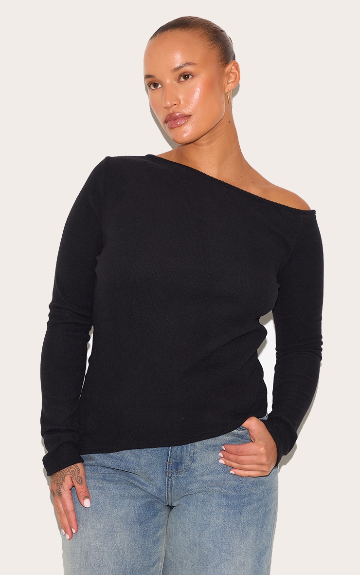 Plus Black Bardot Soft Touch Rib Long Sleeve Top image 1