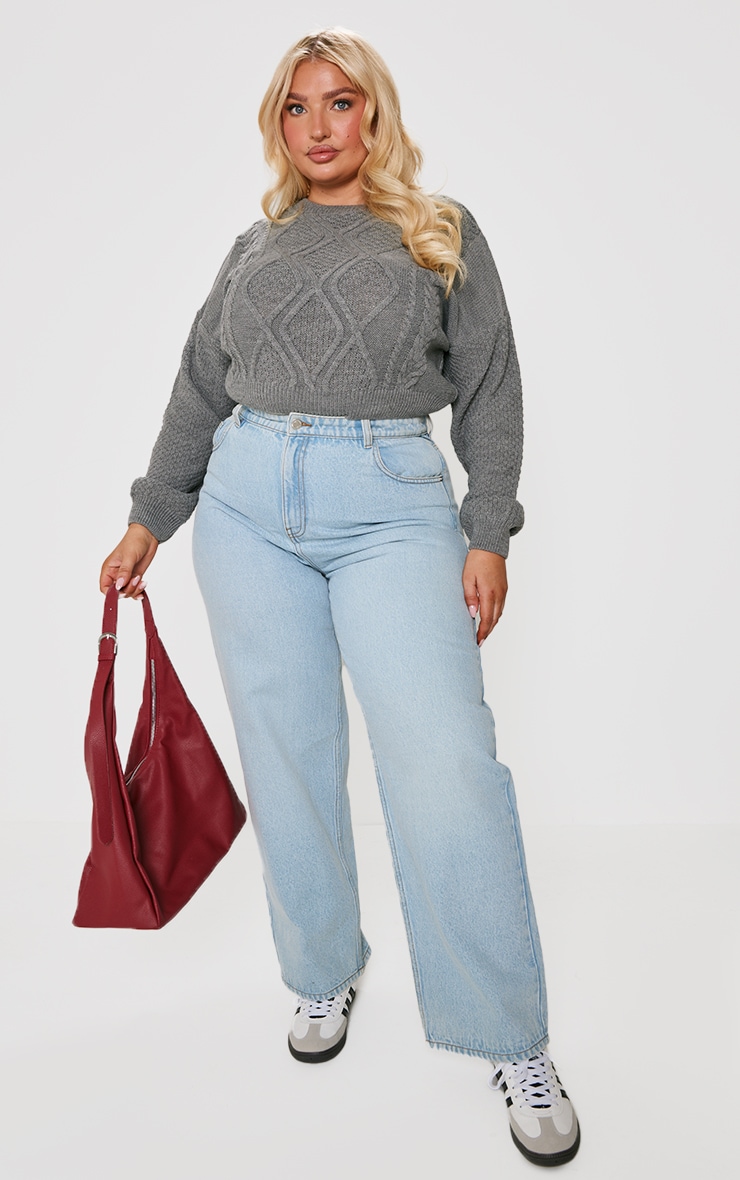 Plus Light Grey Cable Cropped Sweater image 3