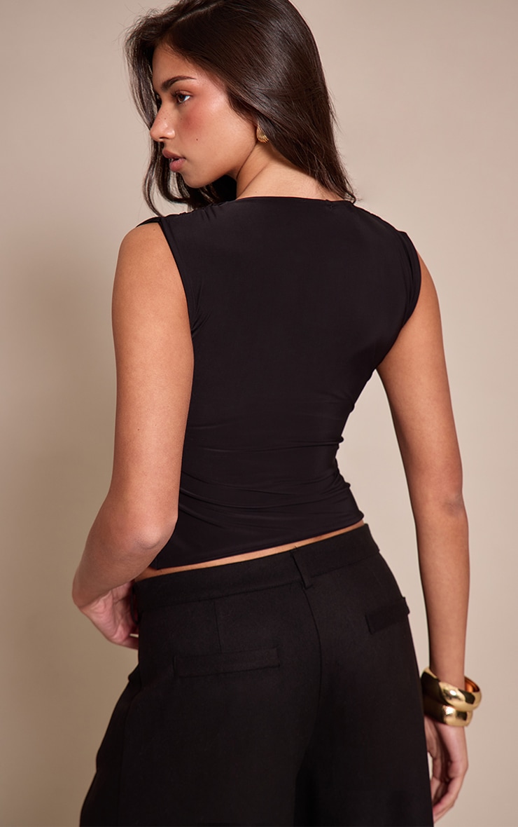 Black Double Layer Slinky Drape Detail Long Top  image 2