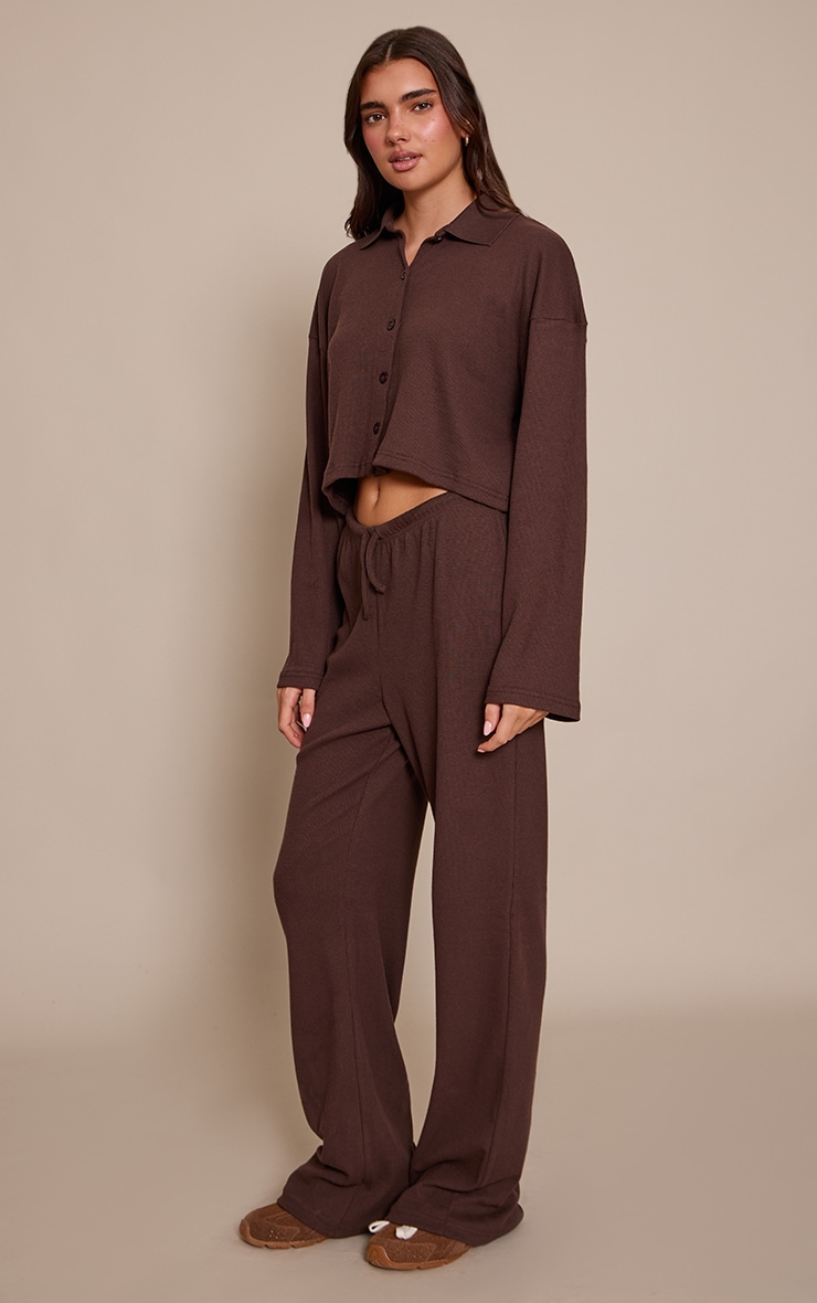 Chocolate Brown Brushed Rib Wide Leg Drawstring Trousers
