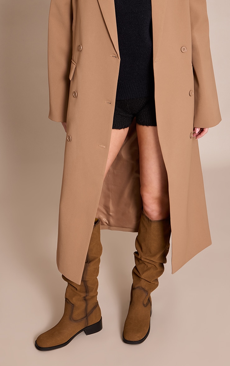 Brown Burnish PU Low Heeled Ruched Knee High Boot