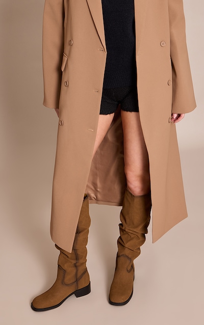 Brown Burnish PU Low Heeled Ruched Knee High Boot