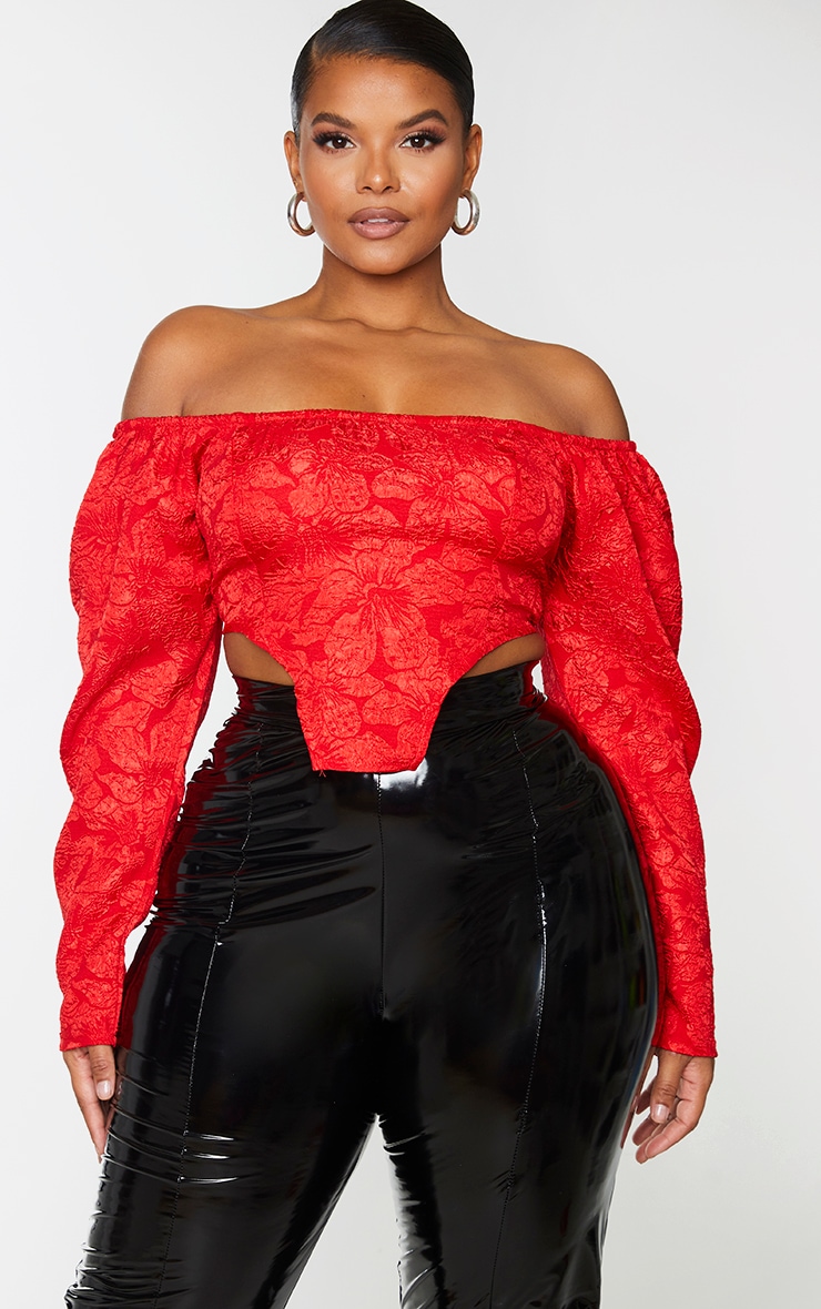 Plus Red Textured Floral Bardot Crop Top