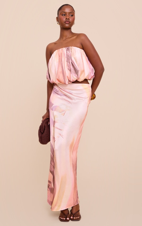 Multi Abstract Print Satin Mid Rise Maxi Skirt