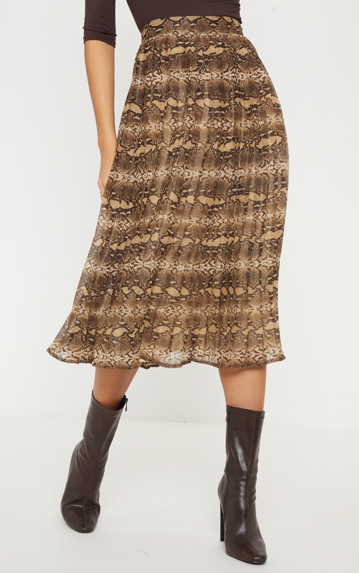 Brown Woven Snake Print Pleated Midi Skirt image 2
