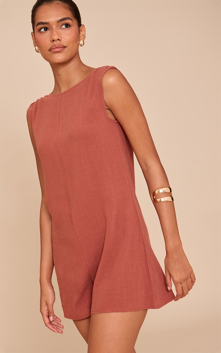 Rust Linen Blend Slouchy Boat Neck Romper image 1