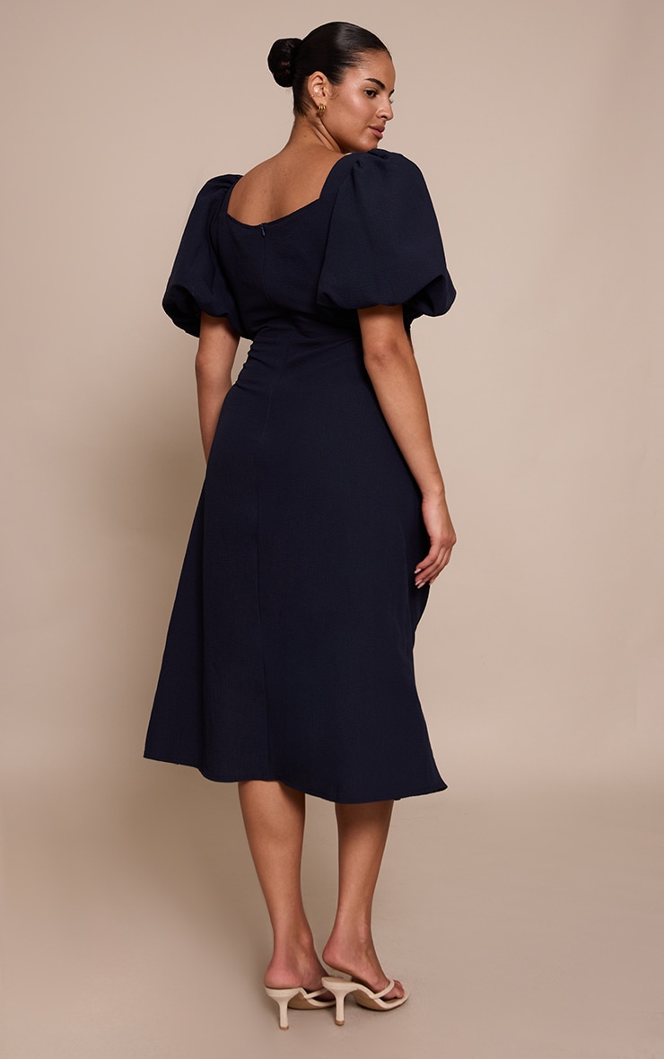 Plus Navy Puff Sleeve Ruched Split Side Midi Dress image 2
