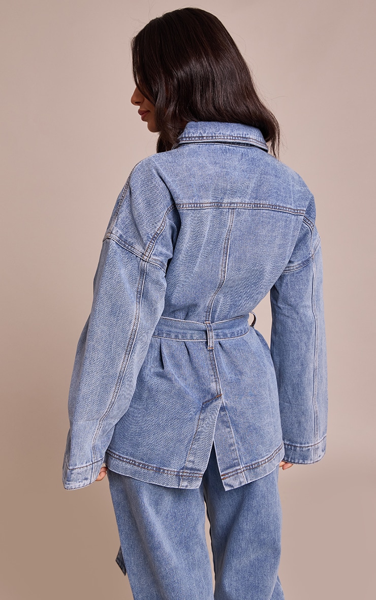Petite Mid Blue Tie Waist Utility Denim Jacket image 2