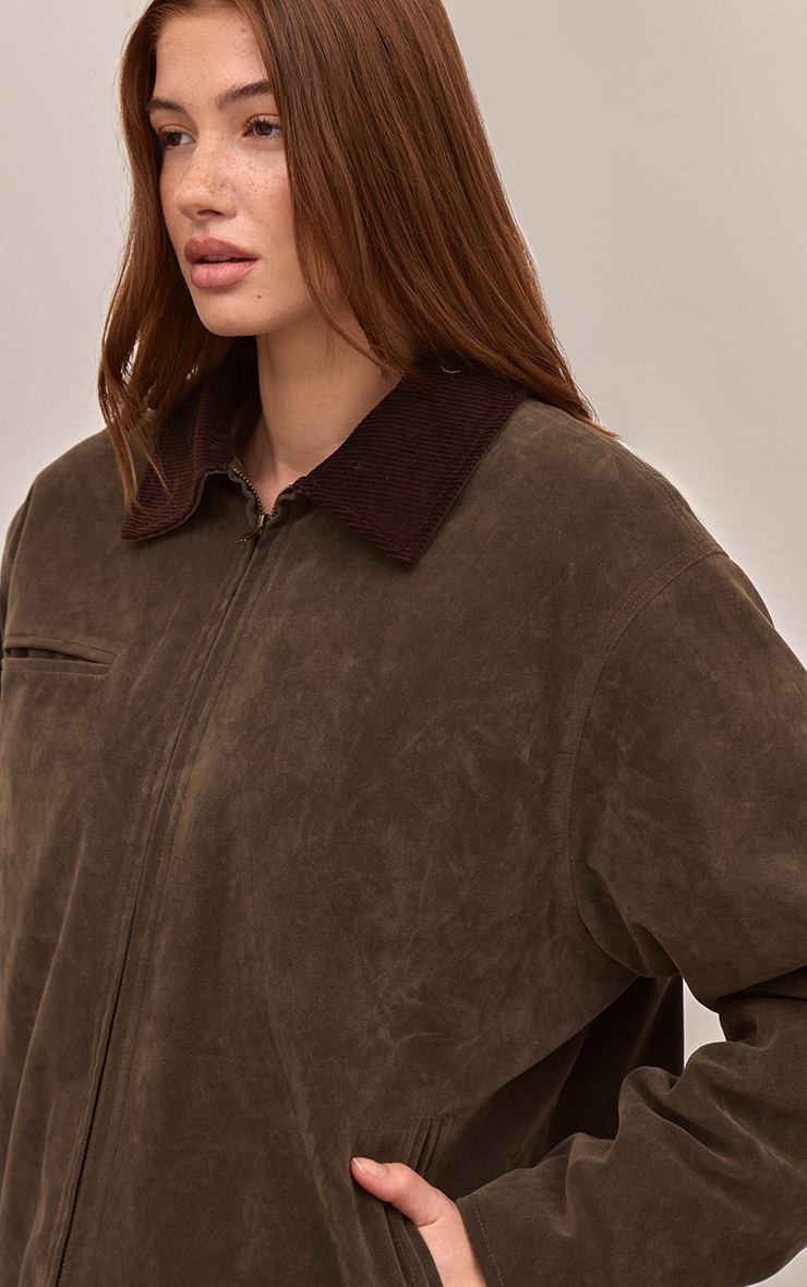 Khaki Faux Suede Contrast Collar Jacket image 4