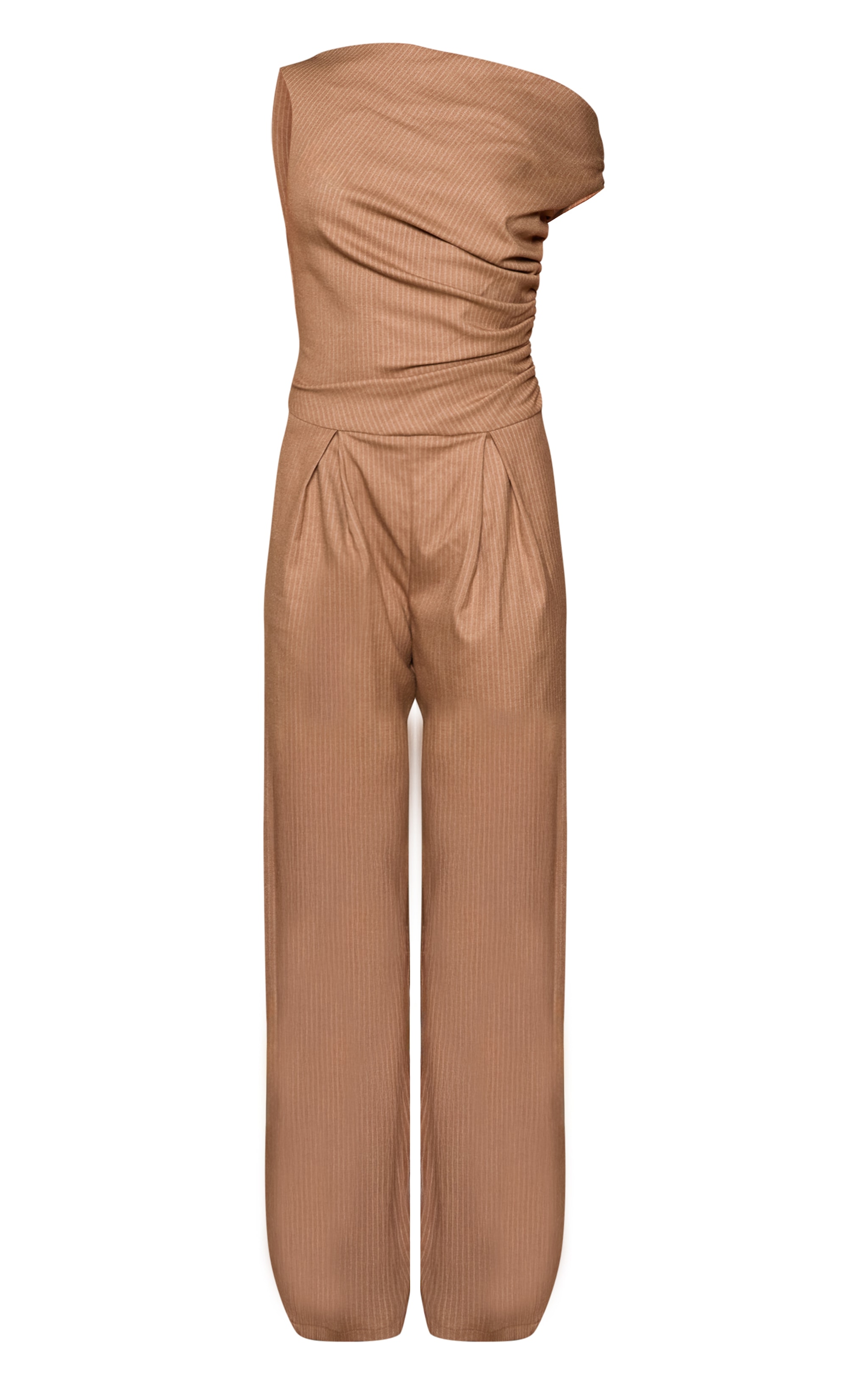 Beige Woven Pinstripe Asymmetric Wide Leg Jumpsuit image 5