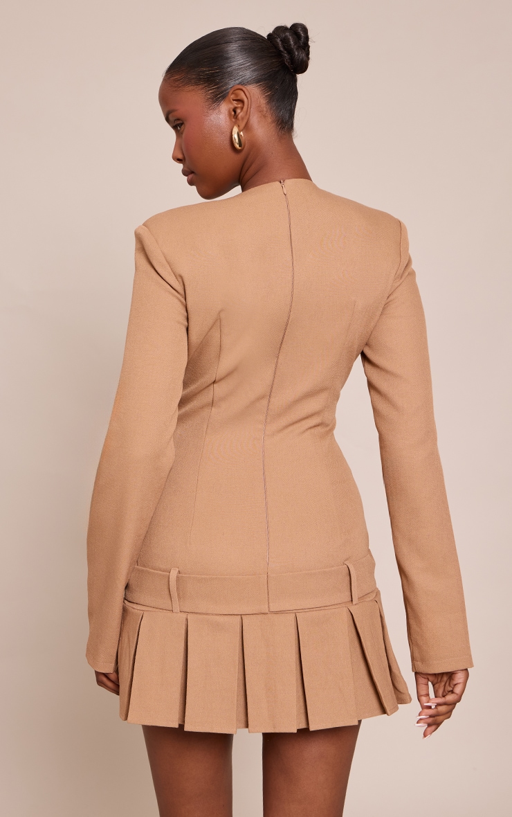 Camel Woven Belt Pleated Mini Shift Dress image 2