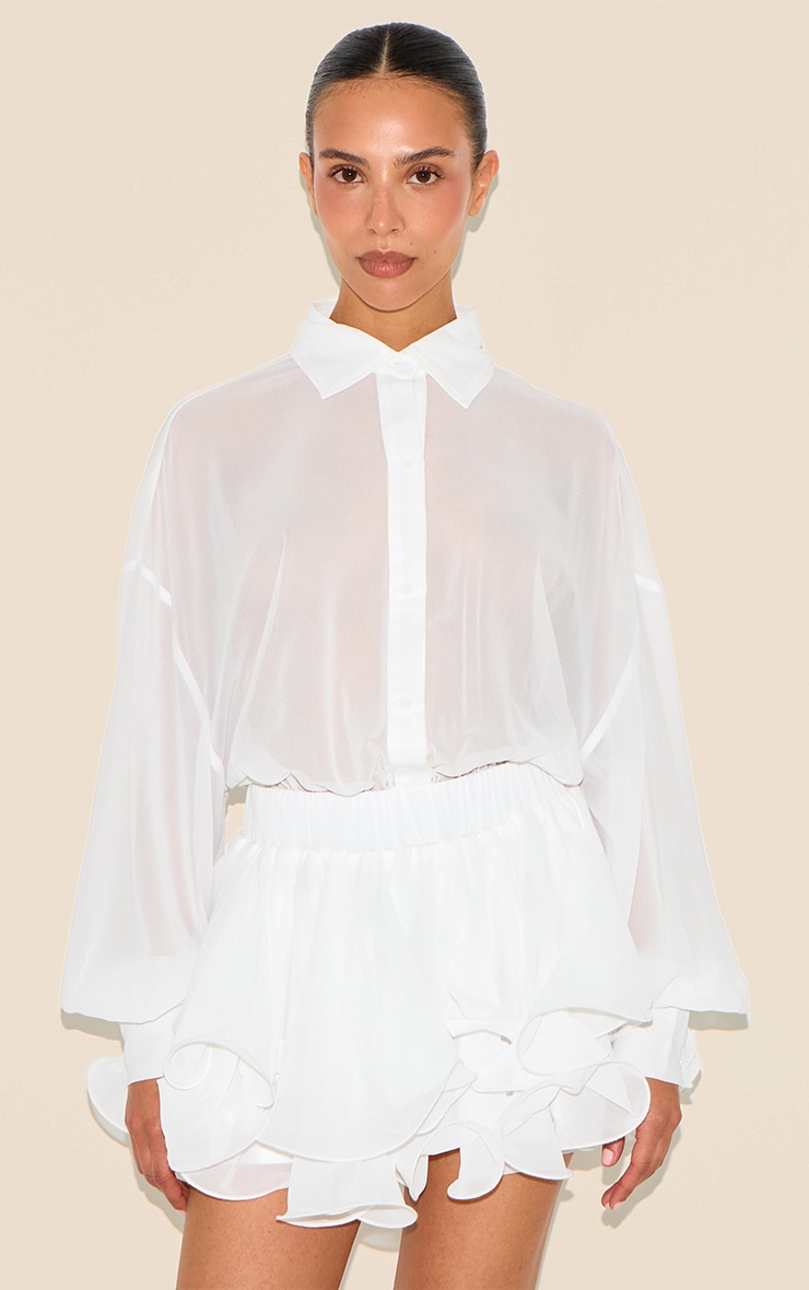 Petite White Chiffon Long Sleeve Playsuit image 1