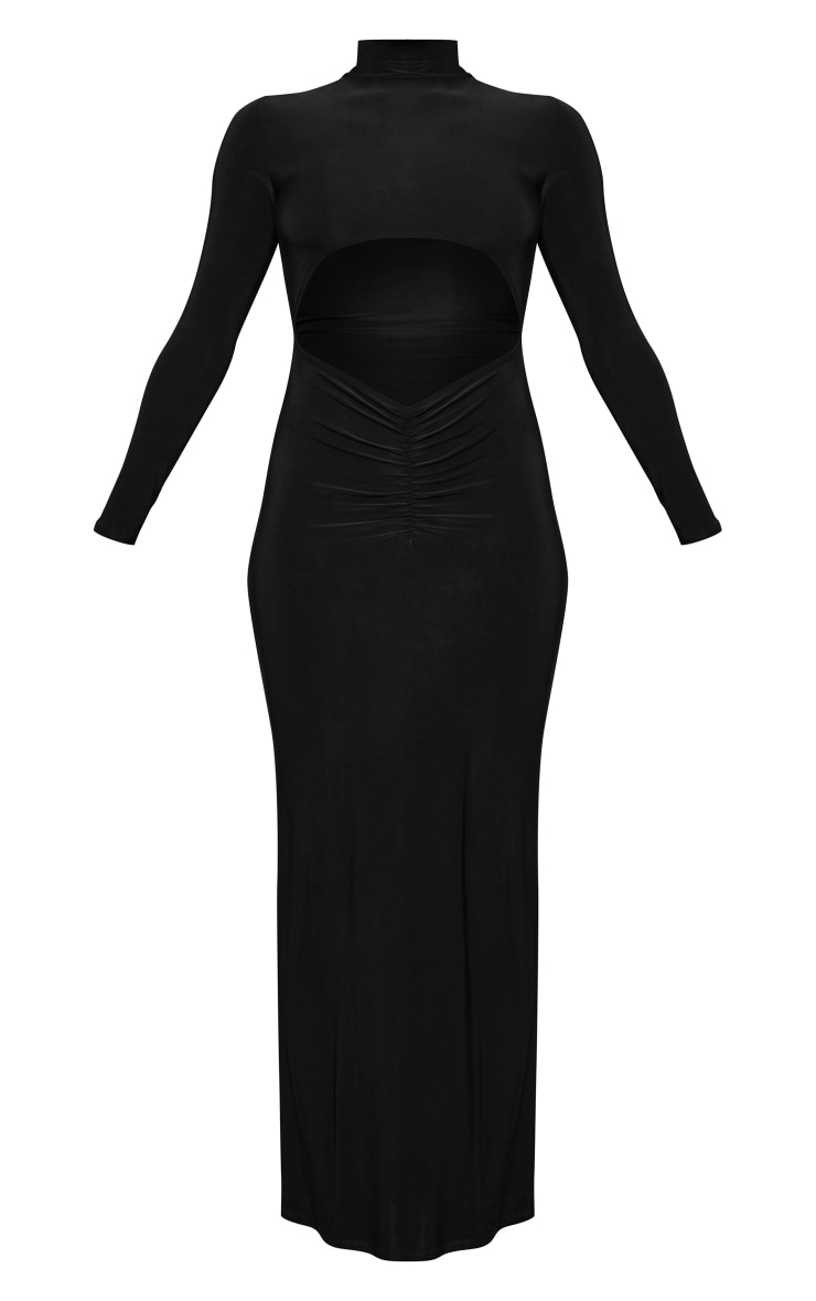 Black Slinky Cut Out Ruched Waist Long Sleeve Maxi Dress image 5