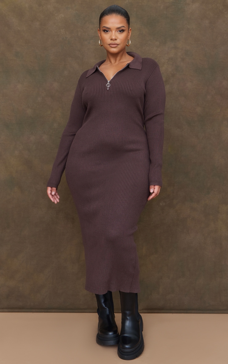 【mi☆】 Plus Chocolate Half Zip Collared Midaxi Dress | Plus Size