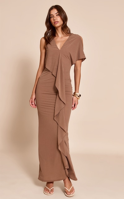 Robe longue texturée taupe à volants