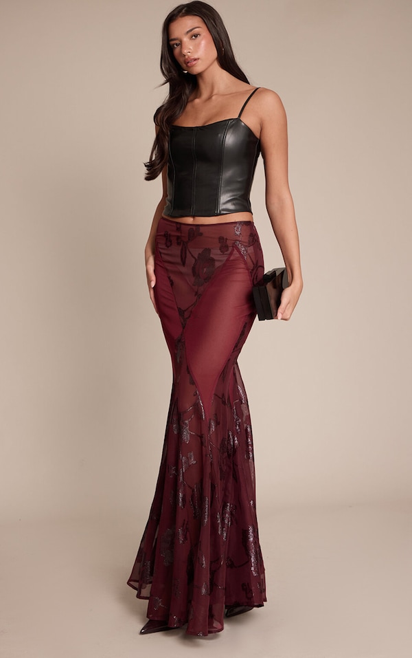 Plum Embroidered Sheer Godet Maxi Skirt 