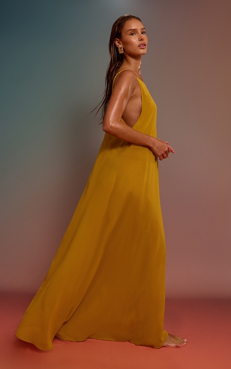 Mustard Chiffon Boat Neck Trapeze Beach Dress image 3