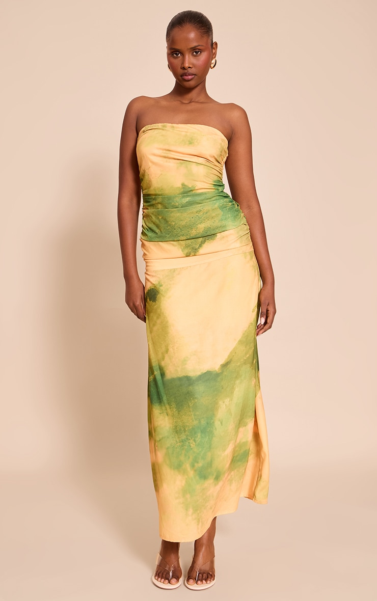 Green Abstract Printed Bandeau Ruched Detail Maxi Dress image 1