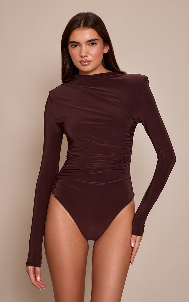 Deep Chocolate Double Layer Slinky Ruched Drape Detail Long Sleeve Bodysuit image 2