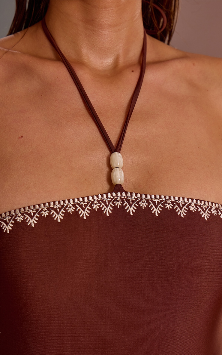 Chocolate Embroidered Bead Detail Halter Swimsuit image 4