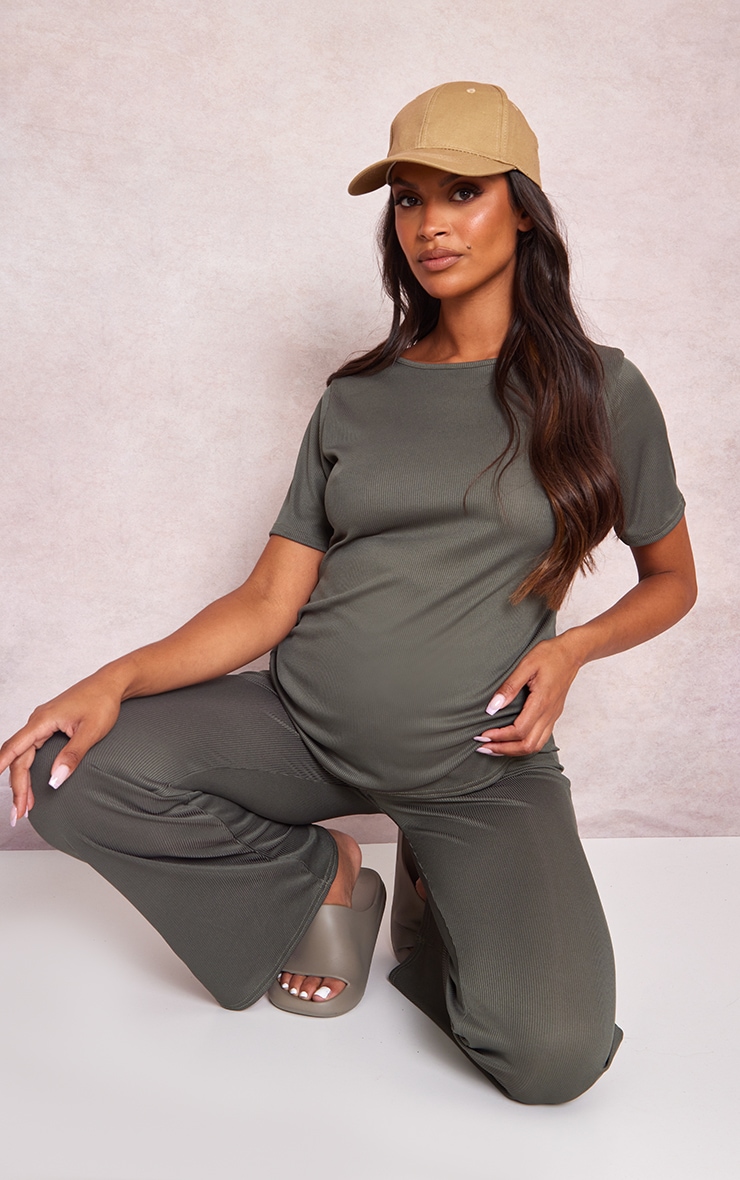 Maternity Olive Rib Oversized Short Sleeved T Shirt image 3