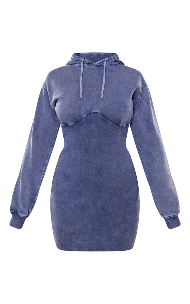 Robe pull en sweat bleu marine délavé côtelée à capuche et contrastes image 5