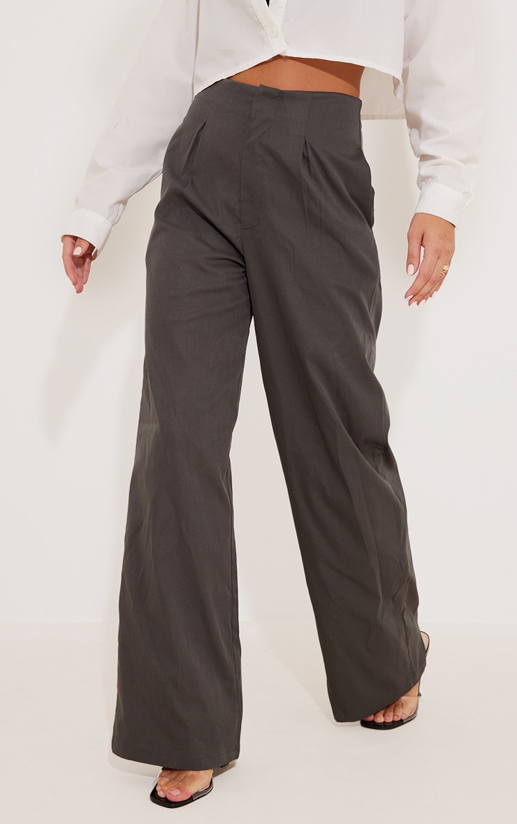 Grey Soft Woven Button Detail Straight Leg Pants image 1