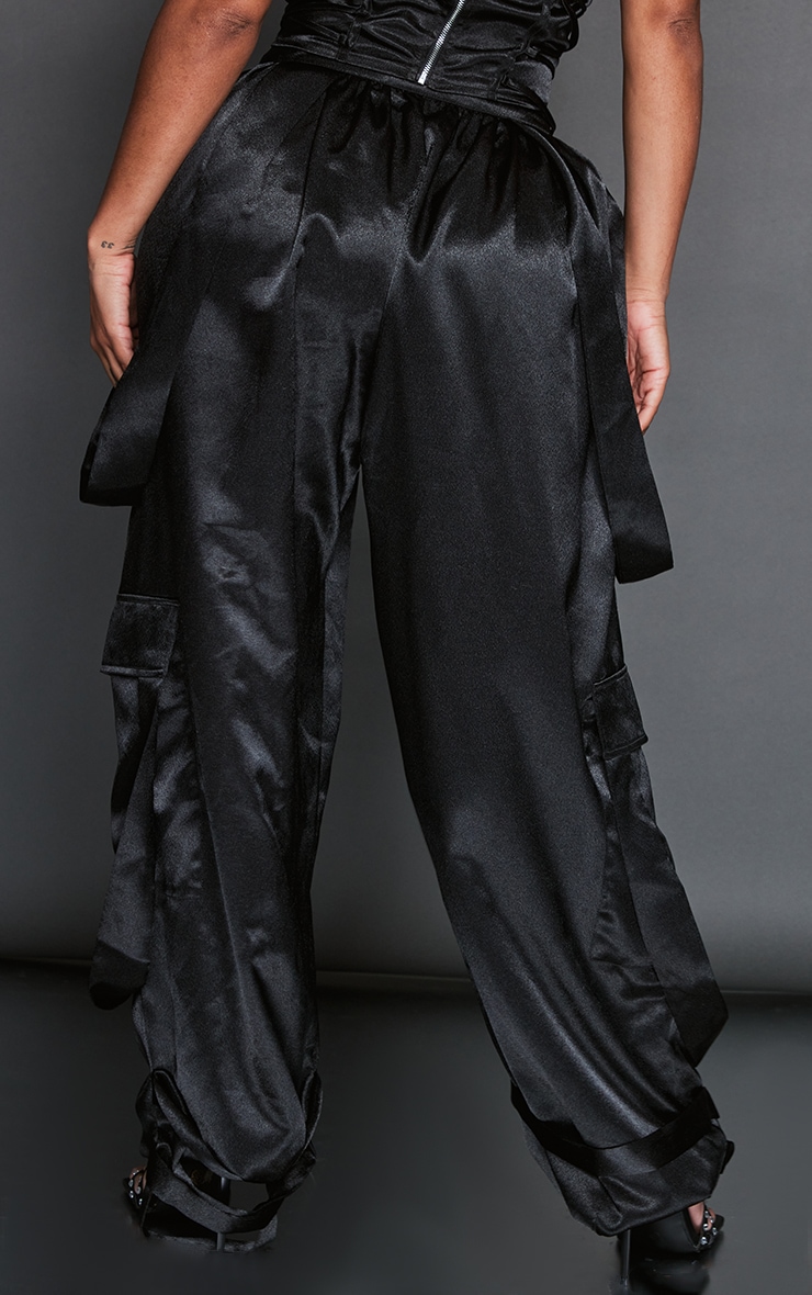 Shape Black Satin Tie Cargo Wide Leg Trousers image 3