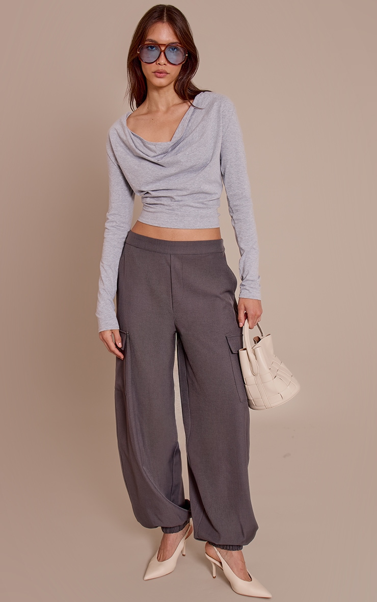 Grey Marl Cotton Cowl Neck Shoulder Pad Long Sleeve Top  image 3