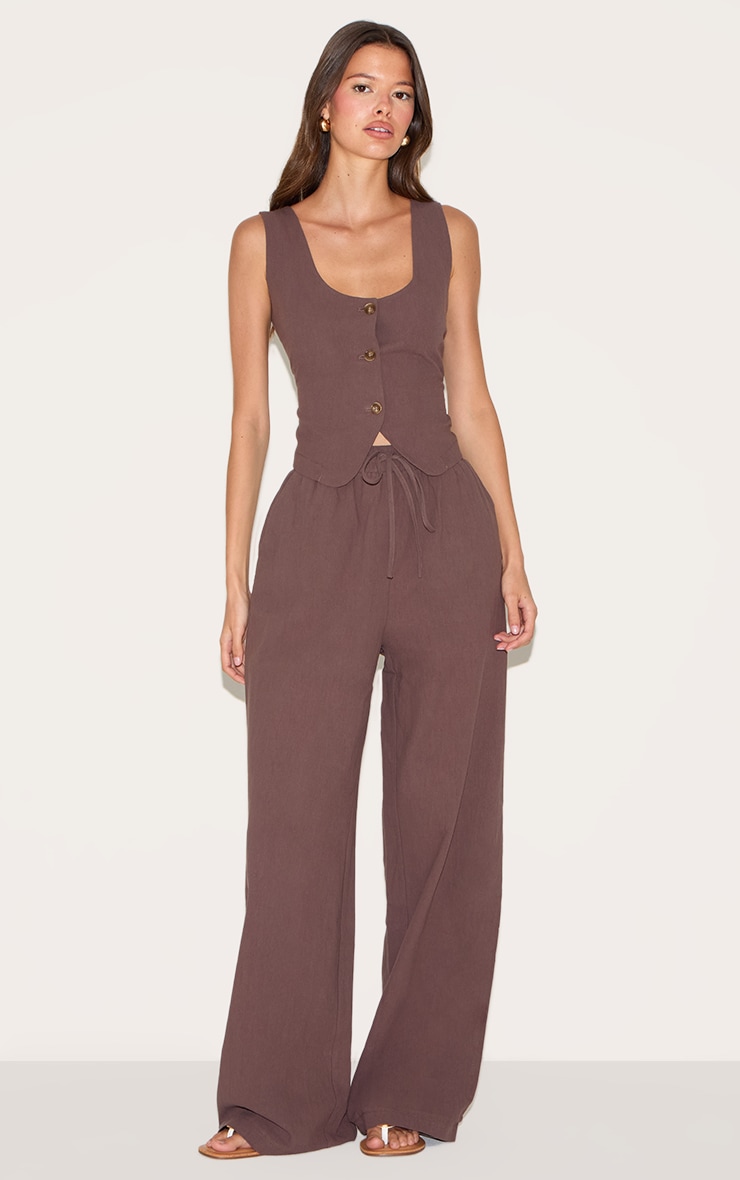 Dark Brown Linen Look Tailored Scoop Neck Fitted Vest image 3