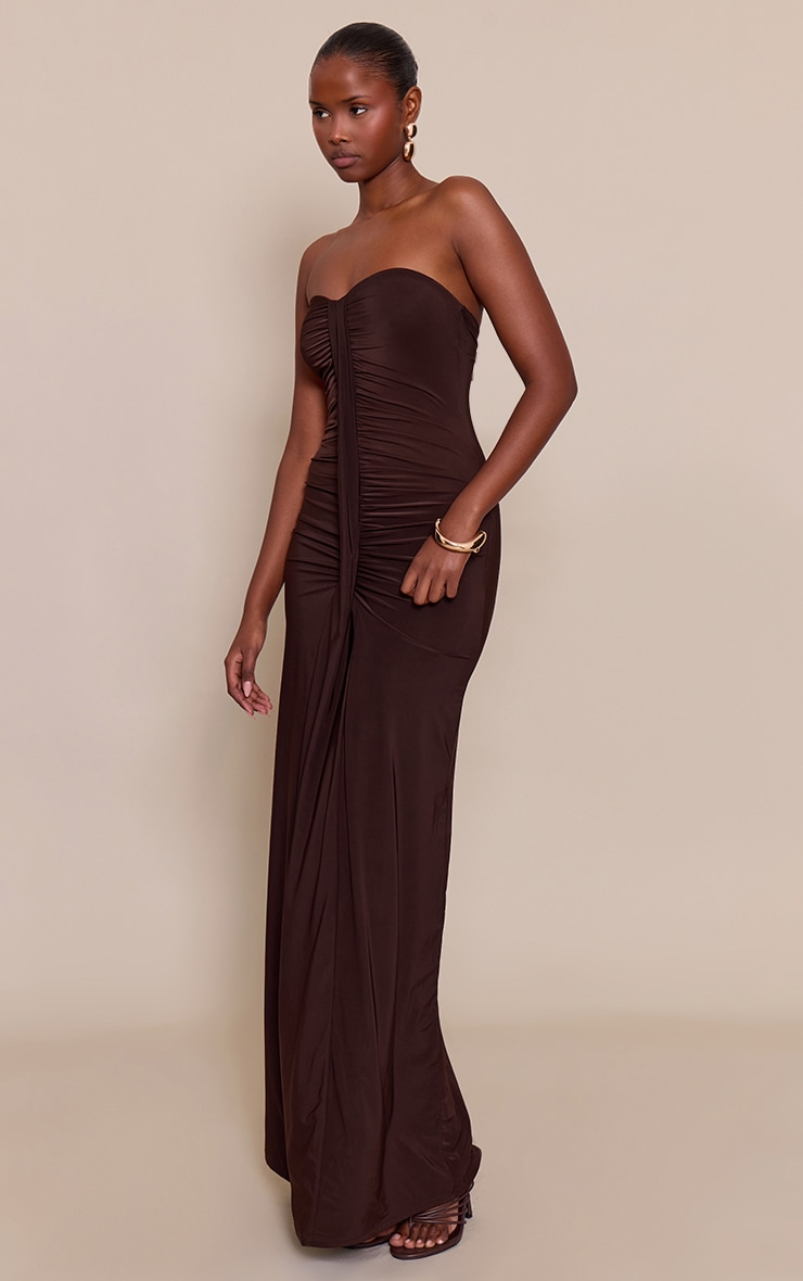 Chocolate Ruched Drape Detail Slinky Maxi Dress image 3