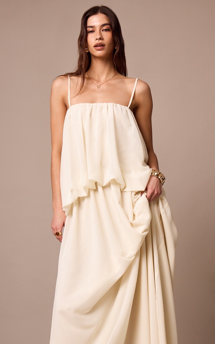 Cream Chiffon Layered Puffball Maxi Dress image 4