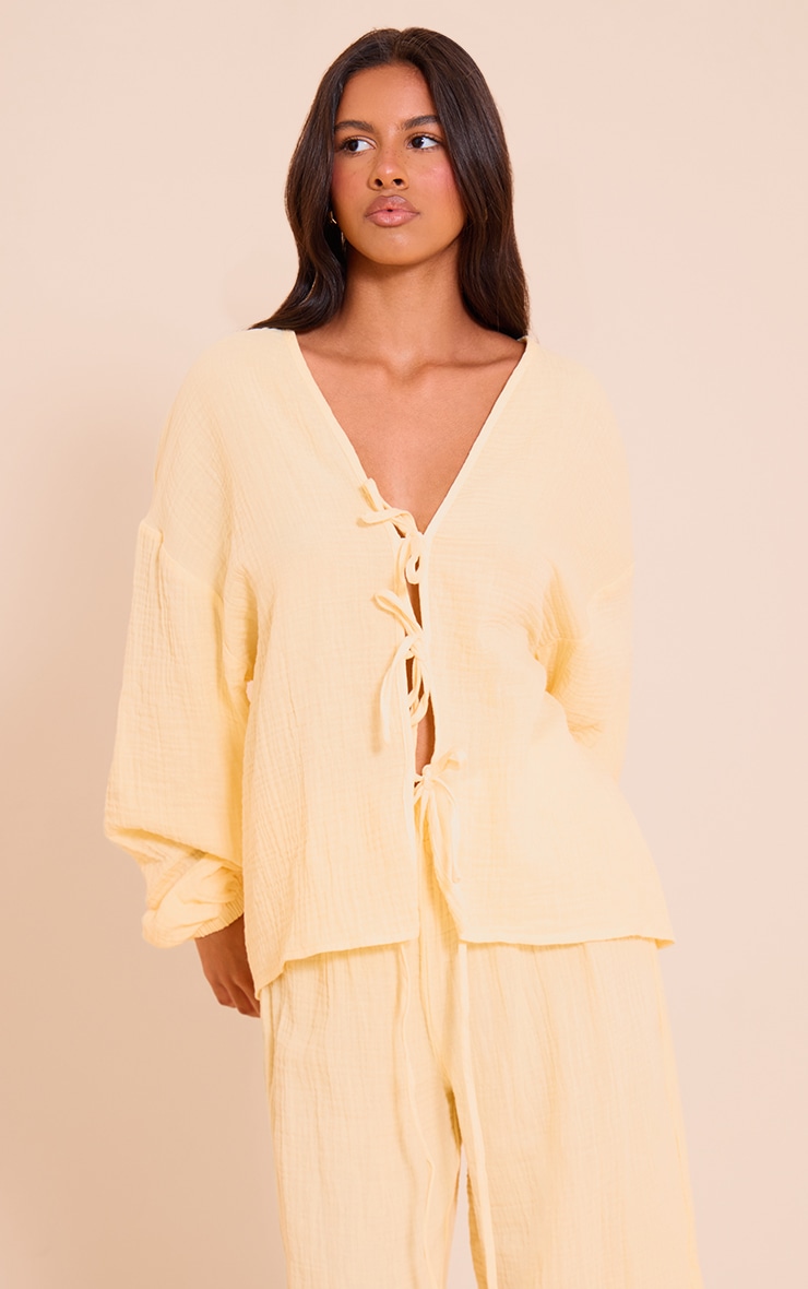 Petite Lemon Cheesecloth Textured Tie Front Shirt image 1