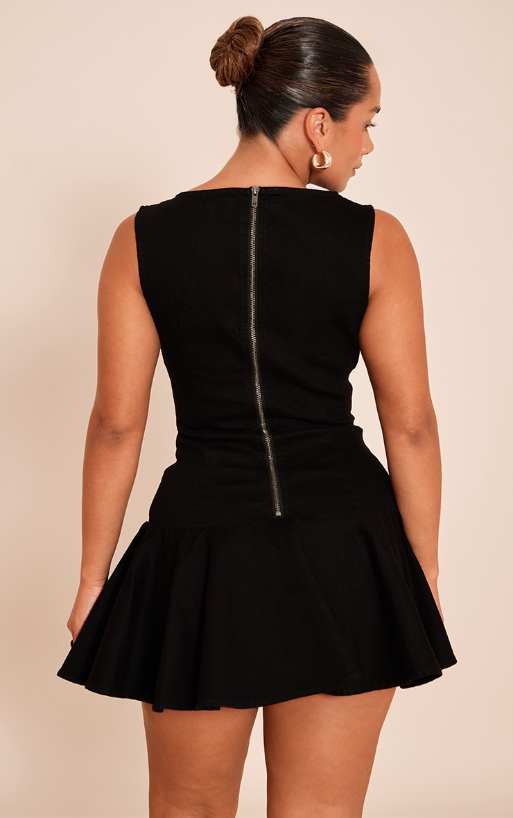 Shape Black Stretch Denim Boat Neck Dropped Hem Mini Dress image 2