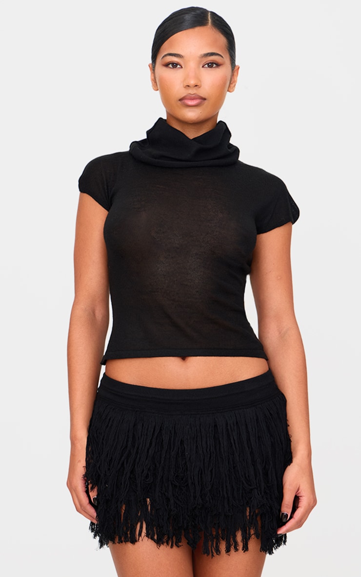 Black Fine Knit Fringe Hem Mini Rara Skirt | Knitwear