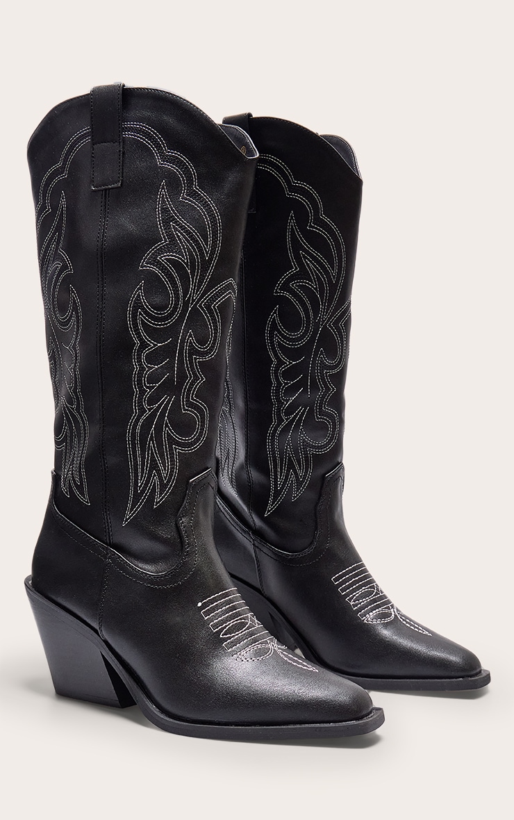 Black PU Point Toe Calf High Western Boots image 2