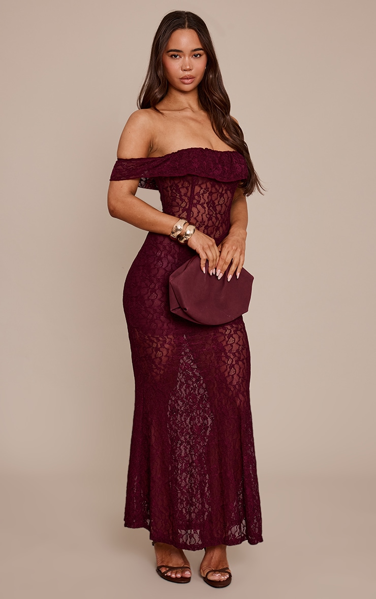 Robe bustier longue en dentelle prune à détail corset image 3