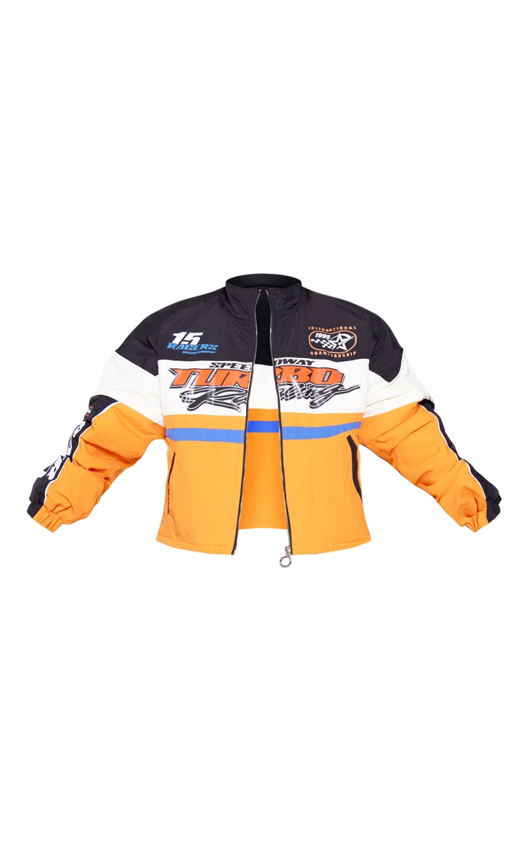 Orange Nylon Oversized Contrast Sleeve Racer Graphic Bomber Jacket image 4