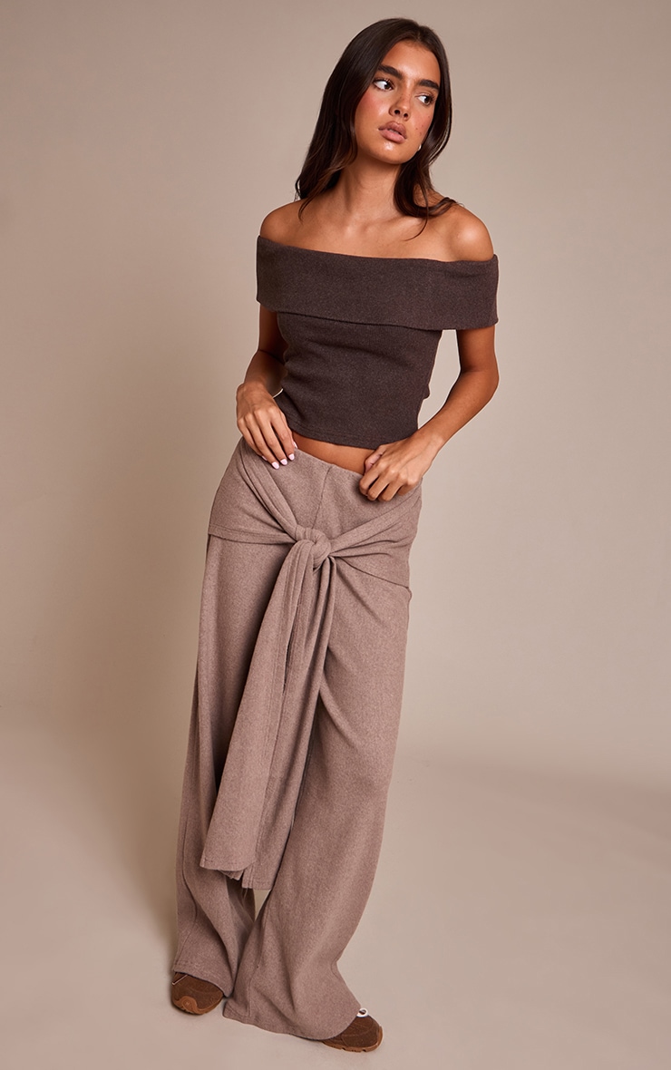Chocolate Thick Brushed Rib Fold Over Bardot Long Top image 3