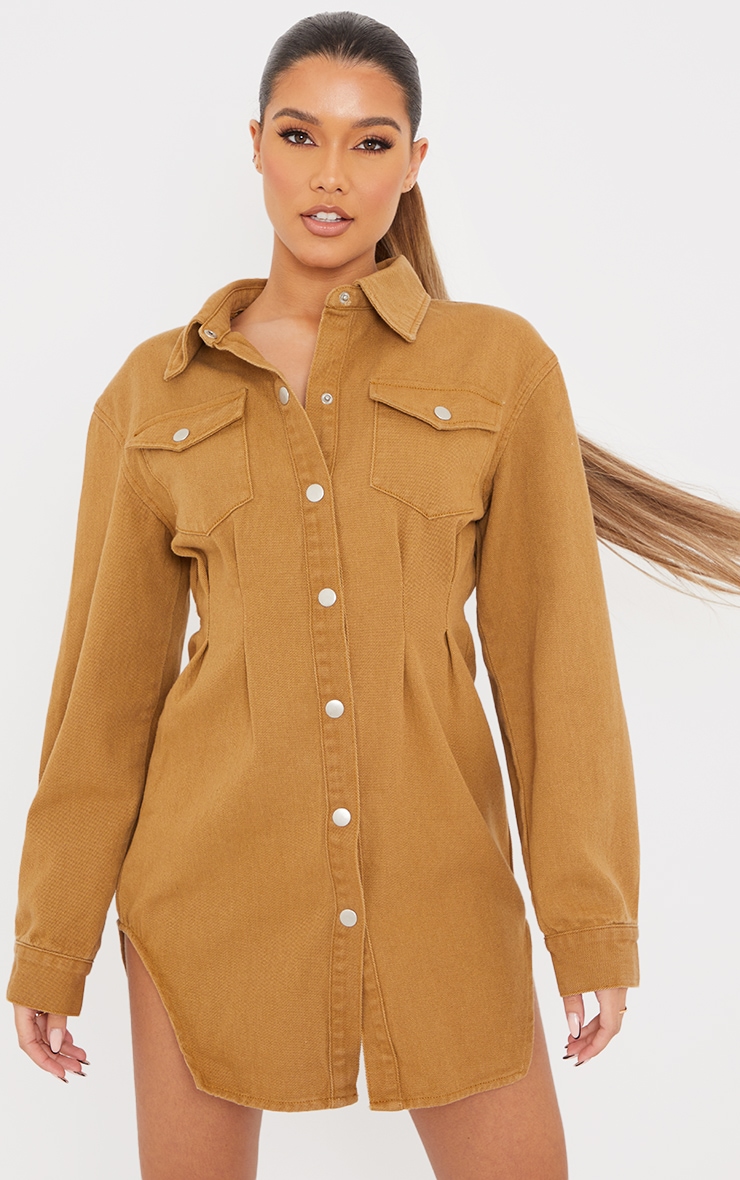 Tan Cinched Waist Long Sleeve Denim Dress PrettyLittleThing