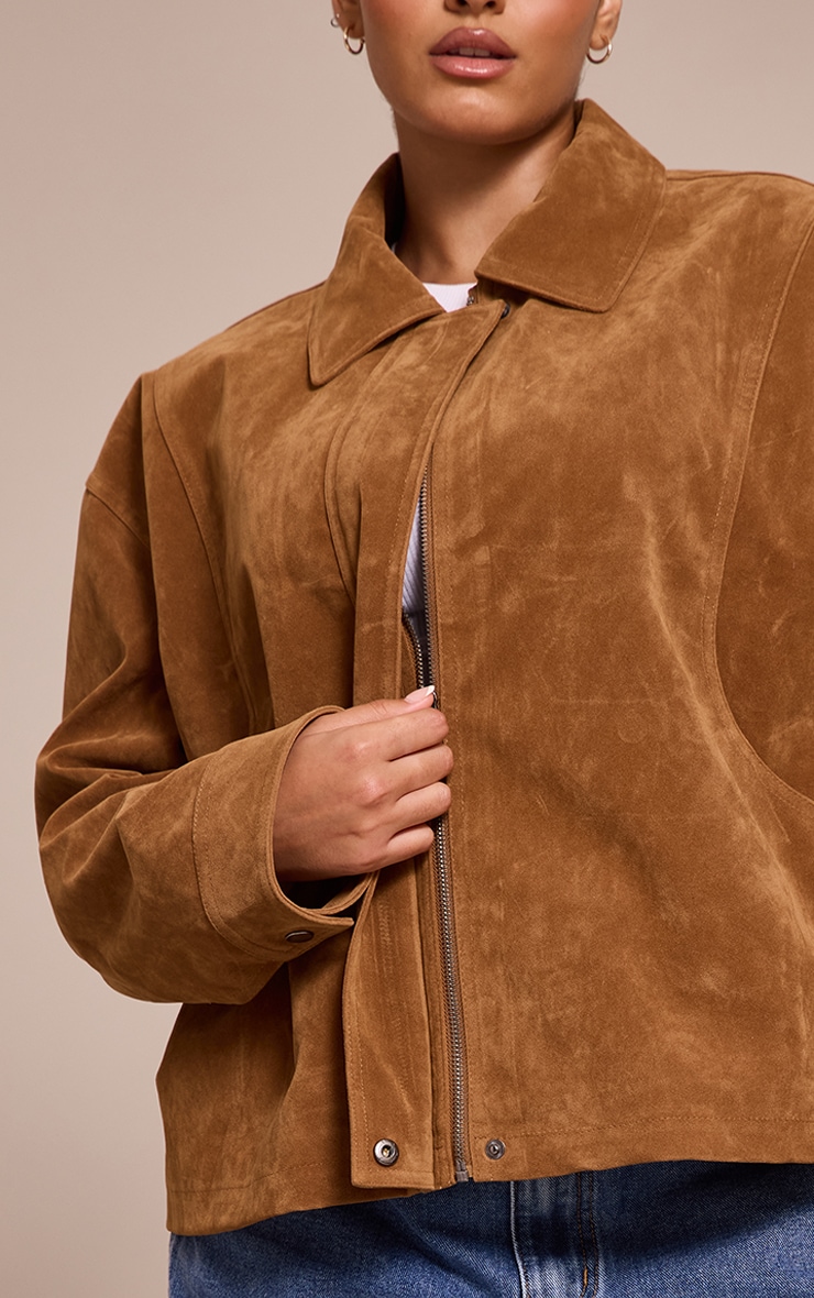 Plus Tan Faux Suede Concealed Placket Bomber Jacket image 4