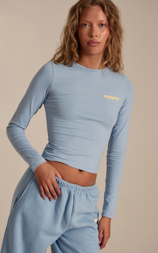 Baby Blue Plt Studio Puff Print Cotton Long Sleeve Crop Top