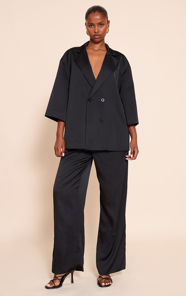 Black Tailored Satin Oversized Blazer image 3