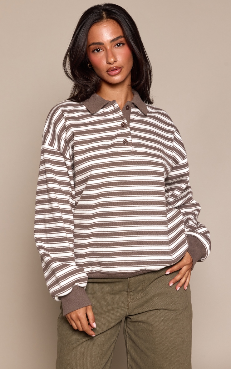 Petite Taupe Striped Brushed Button Up Sweatshirt image 1