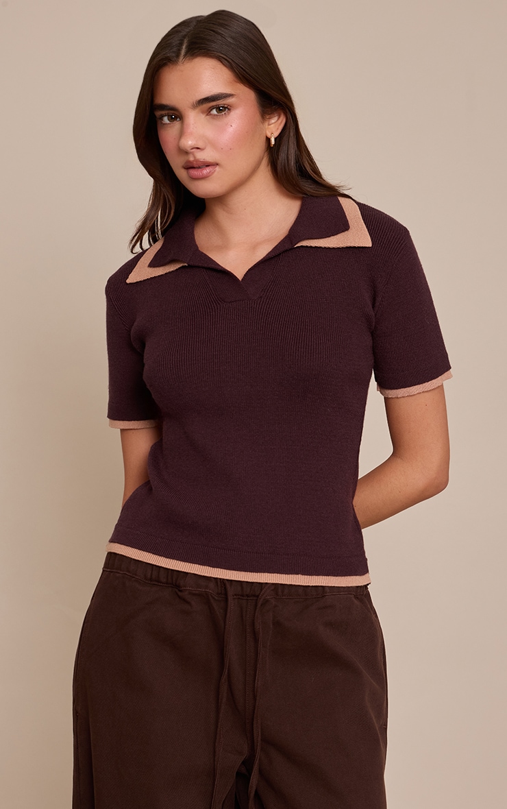 Brown Double Layer Knitted Polo Top  image 1